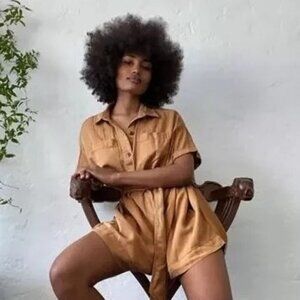 Urban Outfitters Button-Up Reagan Belted Oversized Utility Romper Khaki Brown S‎